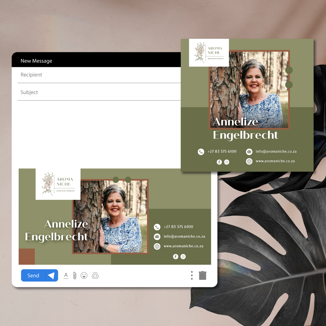 Email signature design by DesignB Creative Studio for Annelize Engelbrecht, featuring a natural green layout with profile photo and wellness branding