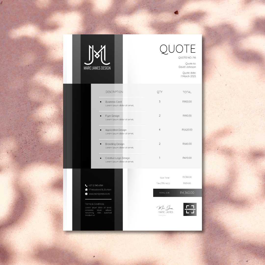 Modern quote design by DesignB Creative Studio for Marc James Design, featuring a black and white layout with service details