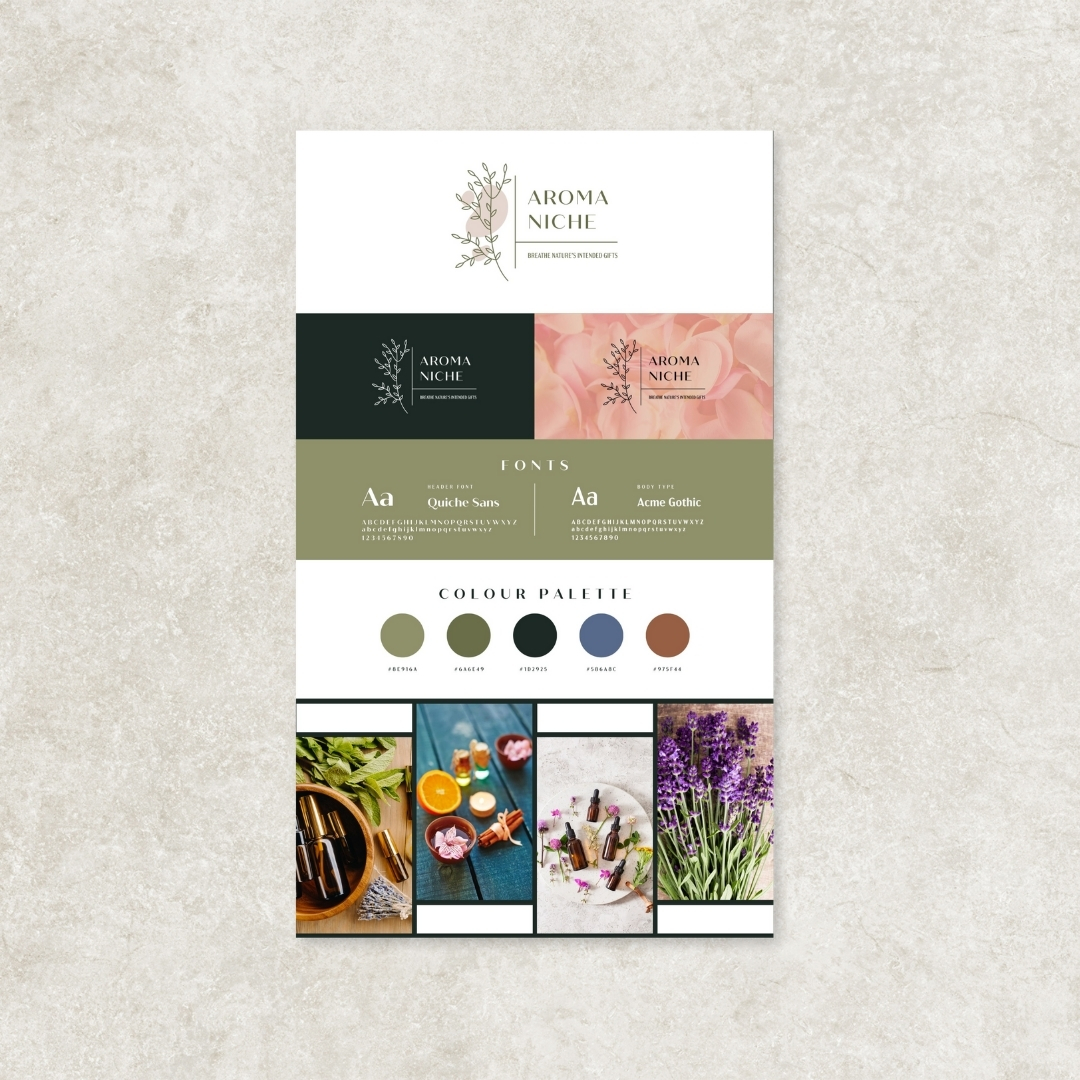 Branding moodboard for Aroma Niche luxury aromatherapy brand, featuring botanical logo variations, Quiche Sans and Acme Gothic fonts, earthy colour palette, and essential oils imagery - created by DesignB Creative Studio