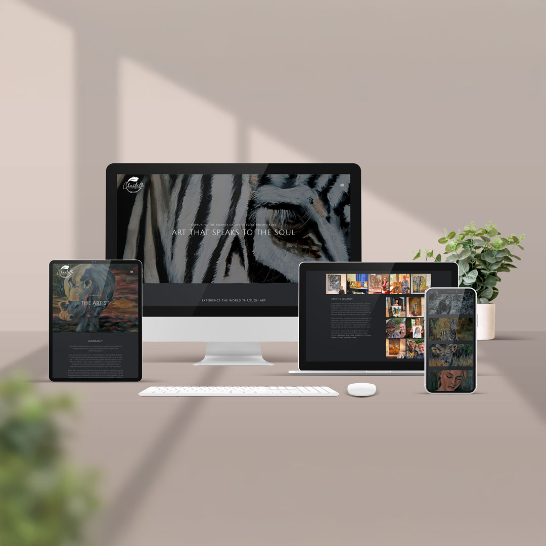 Responsive website design mockup for Chantalle de Klerk artist portfolio, featuring wildlife art gallery and soulful creative journey on desktop, tablet, and mobile - created by DesignB Creative Studio