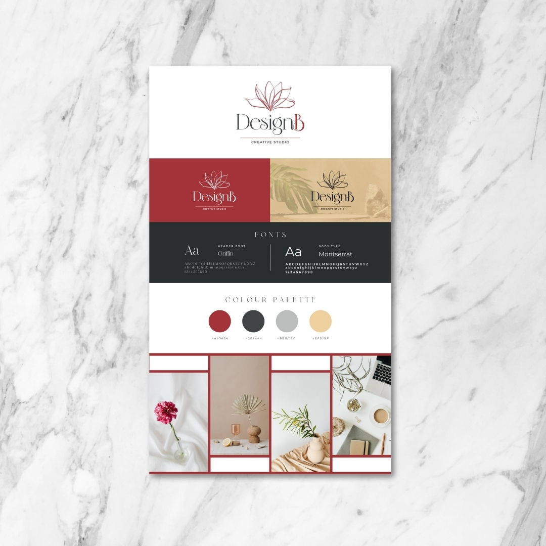 Branding moodboard for DesignB Creative Studio featuring lotus flower logo variations, Cinzel and Montserrat fonts, elegant red and neutral colour palette, and minimalist creative imagery - created by DesignB Creative Studio