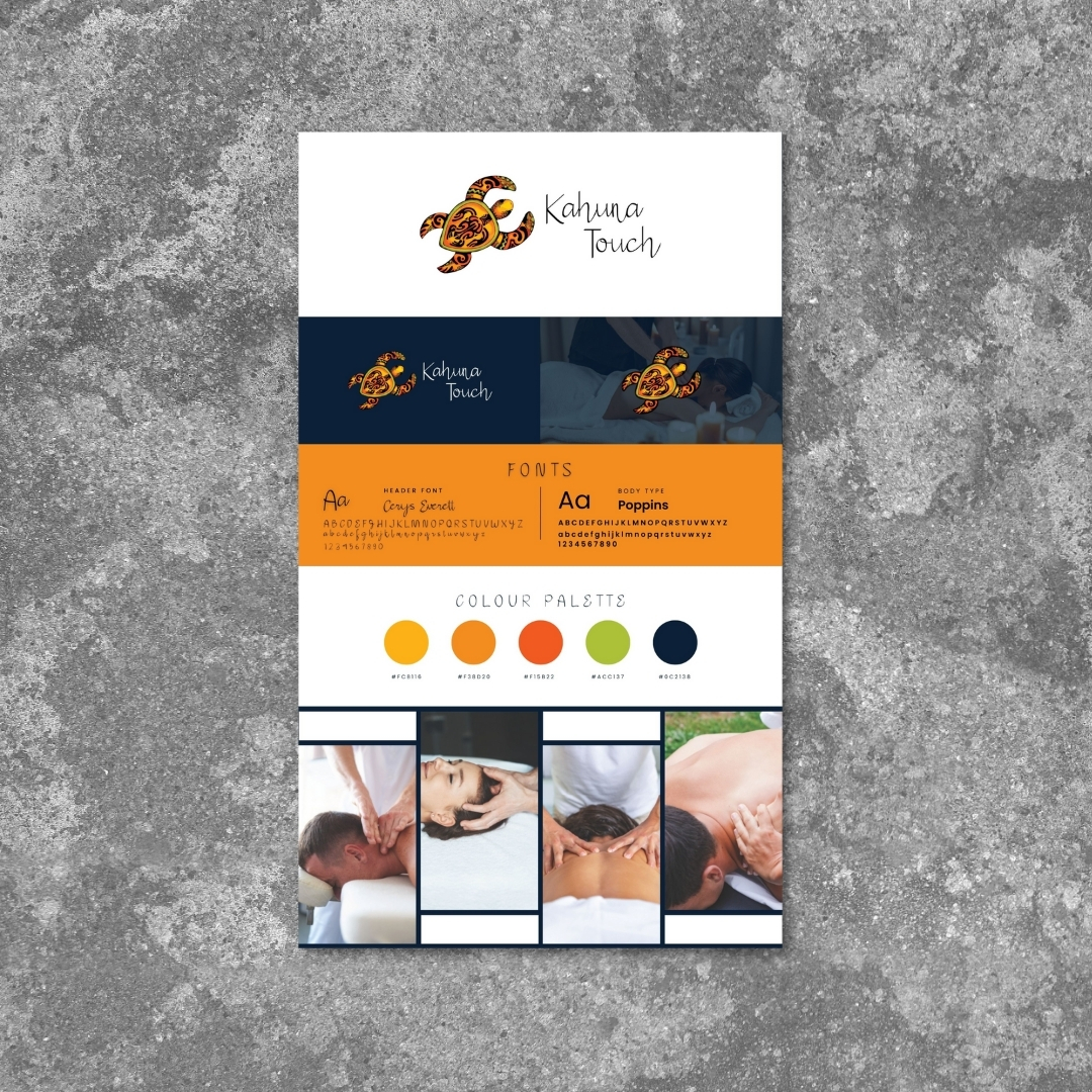 Branding moodboard for Kahuna Touch Hawaiian Lomi Lomi massage therapy, featuring turtle logo variations, Cesrys Excell and Poppins fonts, vibrant orange and navy colour palette, and relaxing massage imagery - created by DesignB Creative Studio