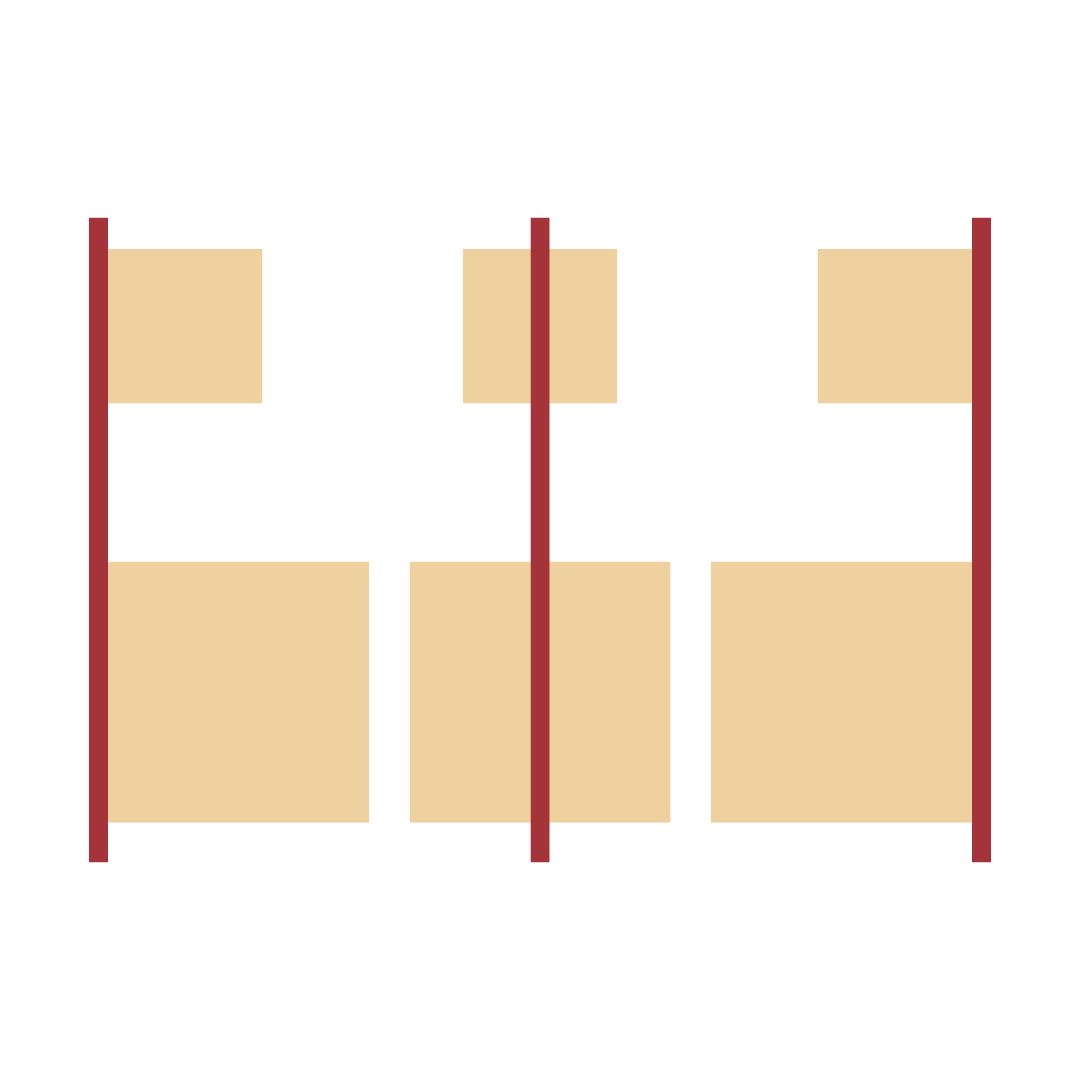 The image is a minimalist diagram that clearly demonstrates the design principle of alignment. Eight soft beige rectangles of different heights are organised into two precise vertical stacks against a white background. The left column contains four rectangles aligned flush to an invisible left edge, while the right column mirrors this with four rectangles aligned to an invisible right edge. Thin deep-red vertical lines run through the centre of each column, visually reinforcing the strong edge and centre alignment. Even though the rectangles vary in height, their consistent alignment creates a sense of order, structure, and visual connection. This composition effectively teaches how alignment – whether edge, centre, or grid-based – brings organisation to a layout, makes elements feel related, reduces visual chaos, and creates a cleaner, more professional appearance in everything from posters to webpages.