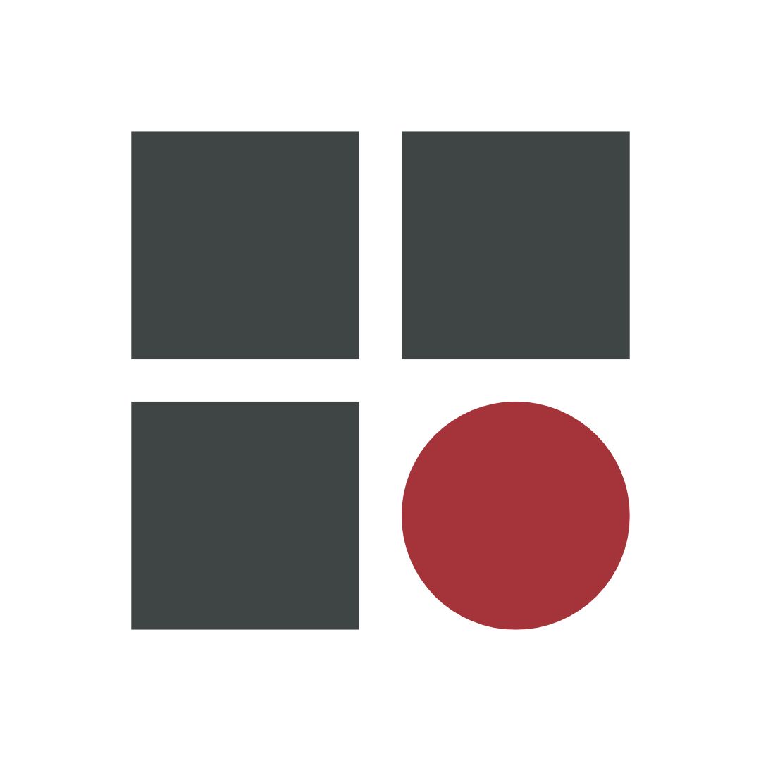 A minimalist illustration of emphasis: three large dark grey squares arranged in a loose L-shape on the left, with one prominent deep red circle positioned to the right and slightly below centre, drawing the viewer's attention.