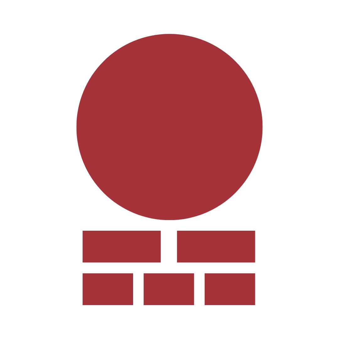 A clear demonstration of visual hierarchy: one large deep-red circle sits prominently at the top, followed by a medium row of two red rectangles, then a lower row of three smaller red rectangles, all centred on a white background.