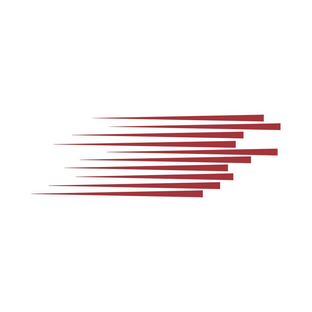 A series of eight horizontal deep-red lines of progressively decreasing length, stacked diagonally from bottom-left to top-right, with the longest line at the bottom-left tapering to the shortest at the top-right, creating a strong sense of directional movement.