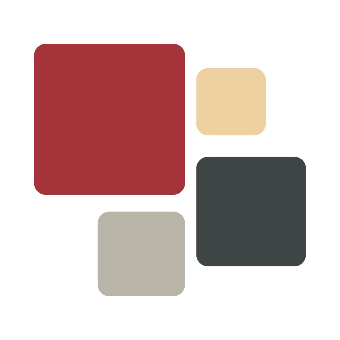 Four rounded squares of dramatically different sizes arranged on a white background: one large deep-red square dominates the upper left, a medium-large dark-grey square sits in the lower right, a medium beige square is in the upper right, and a small muted-grey square is in the lower centre-left, illustrating scale and proportion.