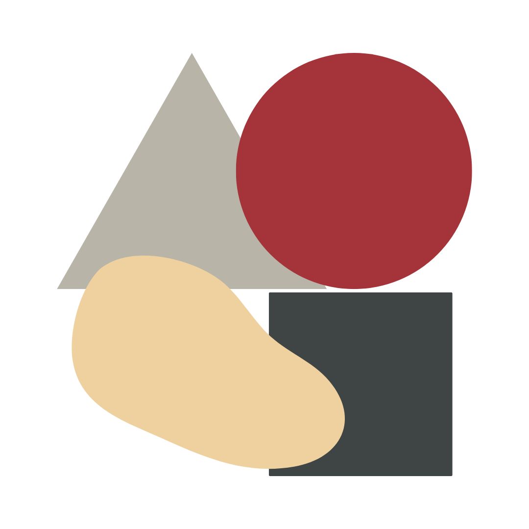A harmonious abstract composition of four overlapping geometric and organic shapes in muted colours: a grey triangle, a deep-red circle, a flowing beige organic blob, and a dark-grey square, all interlocking to create a cohesive whole.