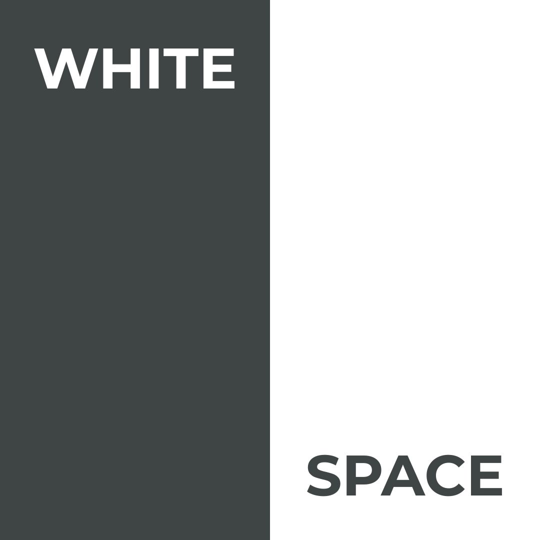 A square divided vertically in half: the left side is solid dark grey with the word “WHITE” in large white capital letters centred on it; the right side is completely white with the word “SPACE” in large dark-grey capital letters placed near the bottom right.