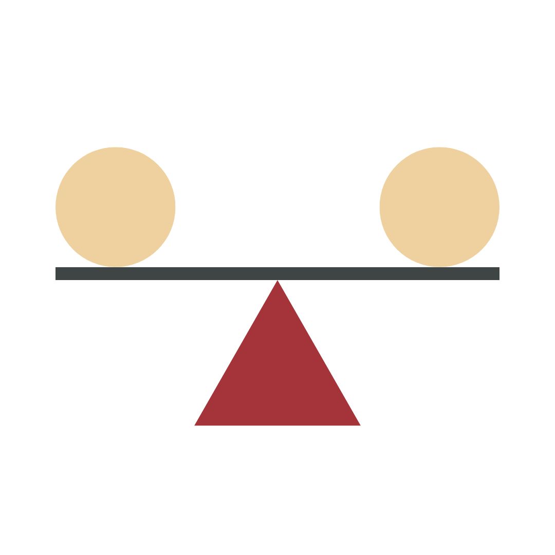 Illustration of a perfectly balanced scale with two identical beige spheres on a grey beam supported by a red fulcrum