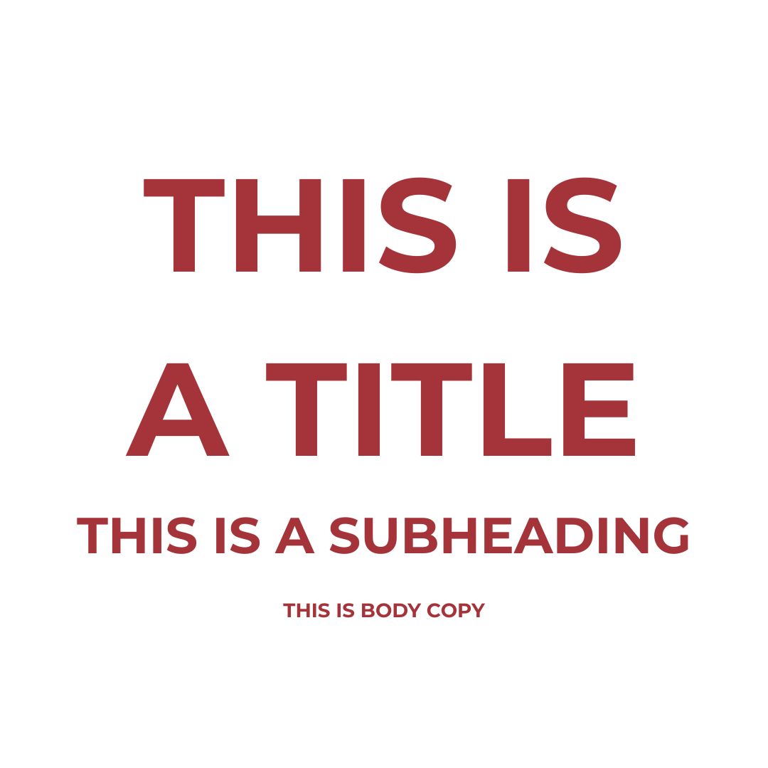 Typographic hierarchy example with "THIS IS A TITLE", larger "THIS IS A SUBHEADING", smaller "THIS IS BODY COPY" smallest