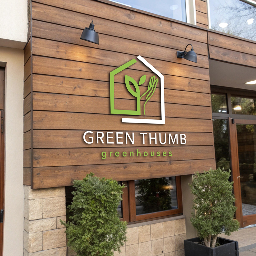 Modern "GREEN THUMB greenhouses" logo with green house-shaped emblem featuring sprouting plant and hand on wooden facade signage mockup above entrance with potted plants