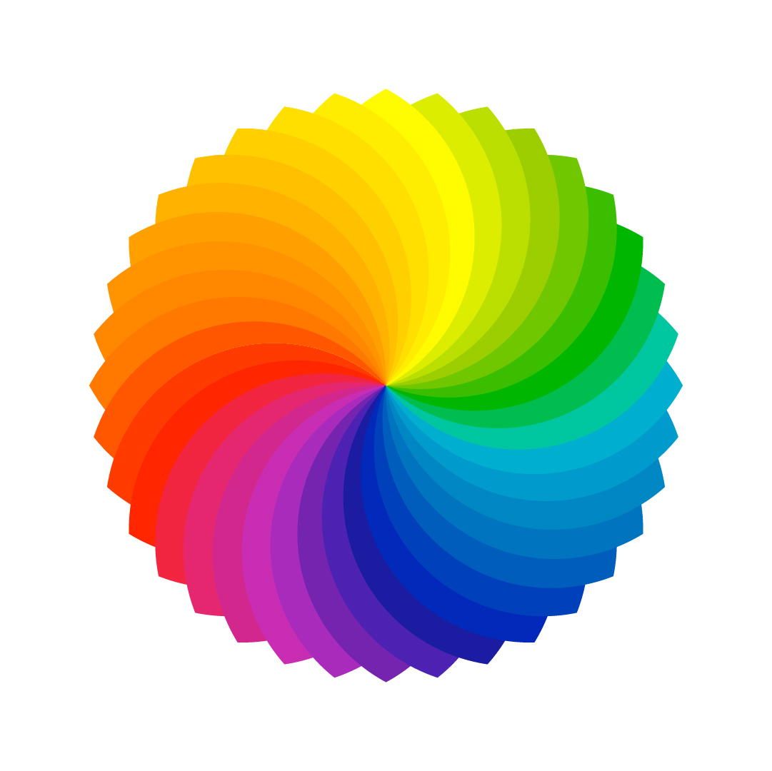 Vibrant rainbow color spiral wheel with smooth gradient transitioning from red, orange, yellow, green, cyan to blue and purple, radiating from the center on white background