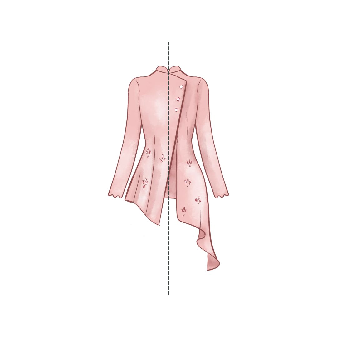 Pink asymmetrical jacket illustration demonstrating asymmetrical balance with a dashed vertical line showing unequal but visually balanced design on both sides
