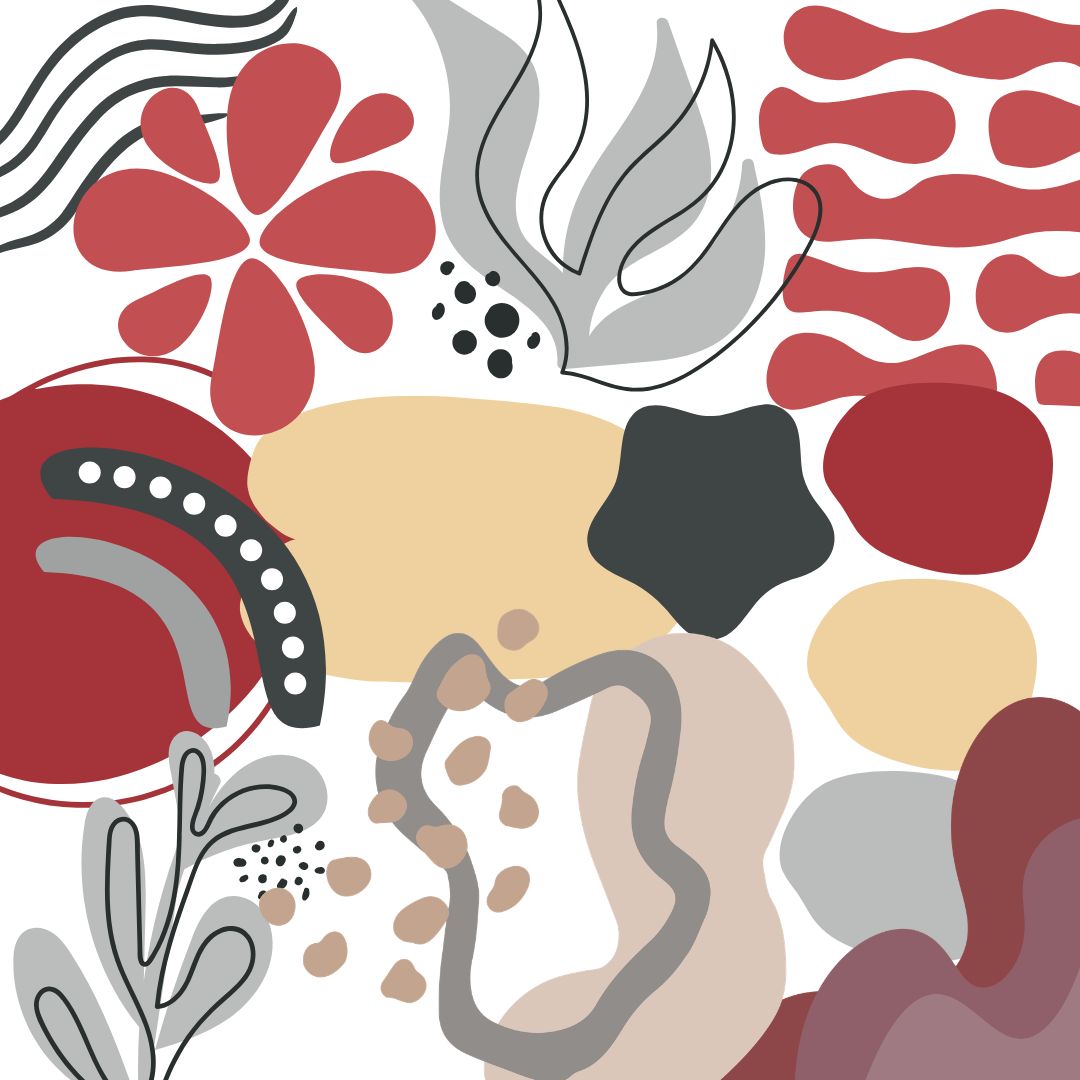 Vibrant abstract shapes composition featuring organic blobs, flowers, lines and geometric forms in terracotta, sage, beige and black on white background
