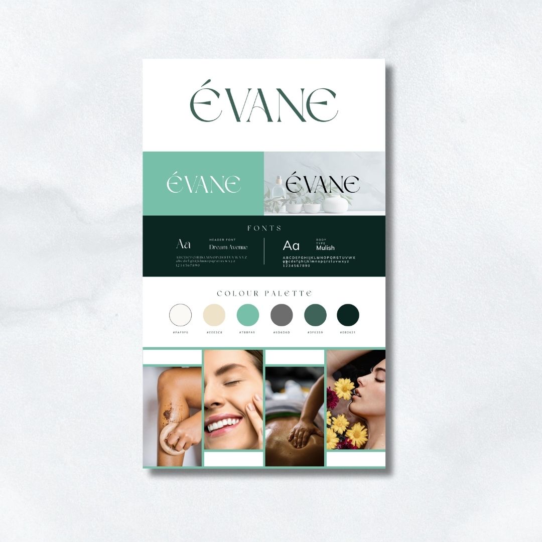 Elegant Évane beauty studio brand style guide showcasing logo variations, typography, sage green colour palette and lifestyle photography on clean mockup
