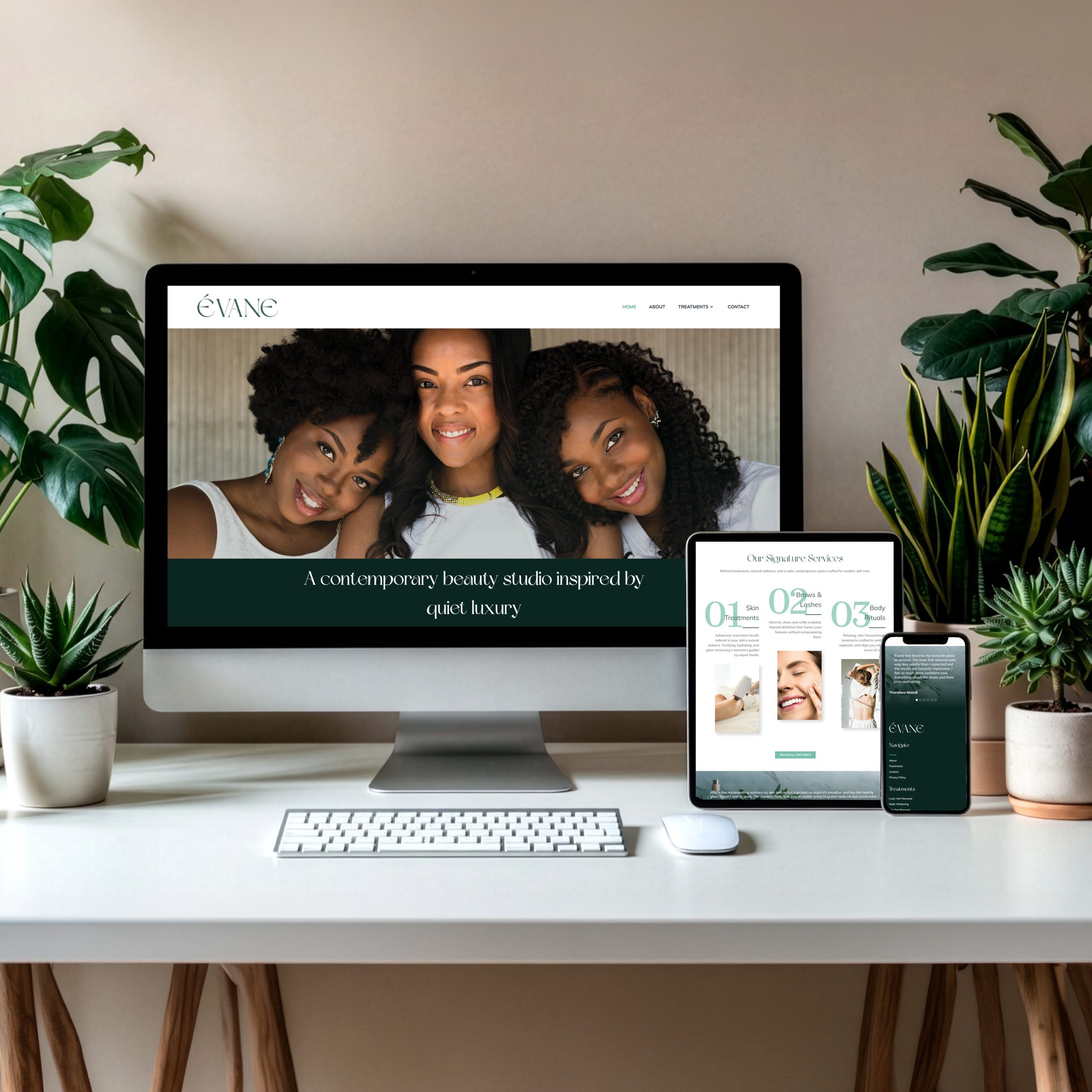 Luxury responsive website design for Évane beauty studio displayed on desktop, tablet and smartphone mockups on a modern white desk with plants