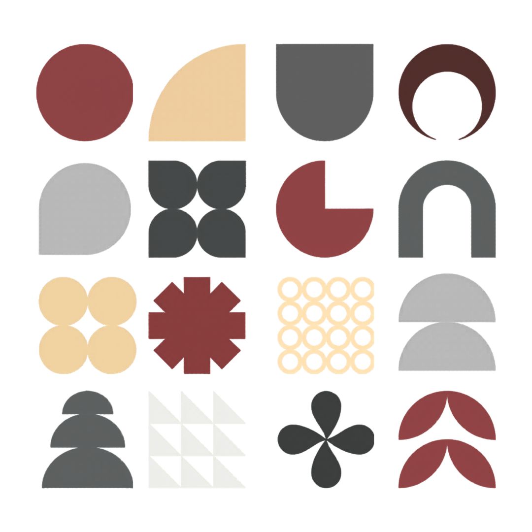 Collection of various geometric shapes including circles, semicircles, quadrants, stars, grids and abstract forms arranged in terracotta, grey, beige and black on white background