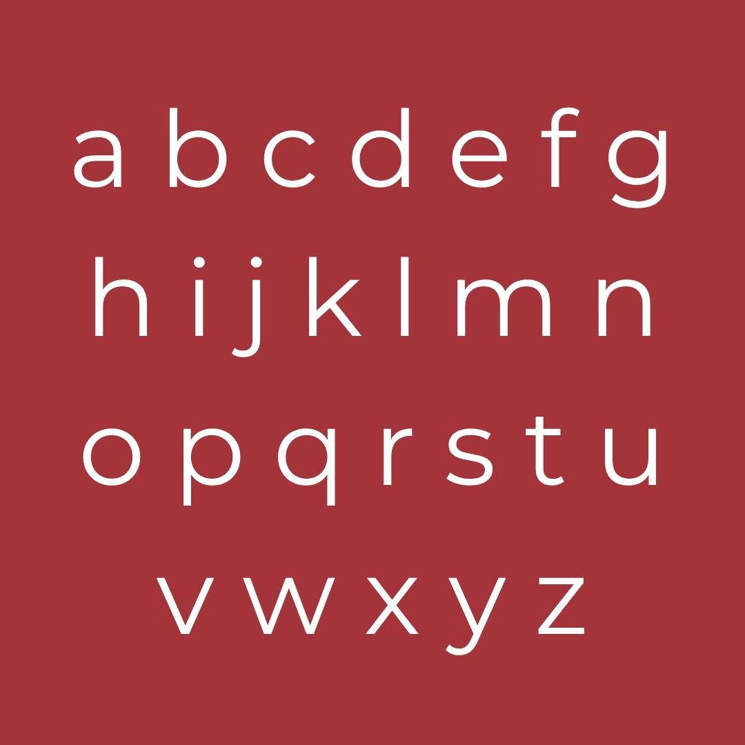 Clean white sans-serif alphabet from a to z displayed on a deep red background, showcasing modern sans-serif typeface design with simple letterforms